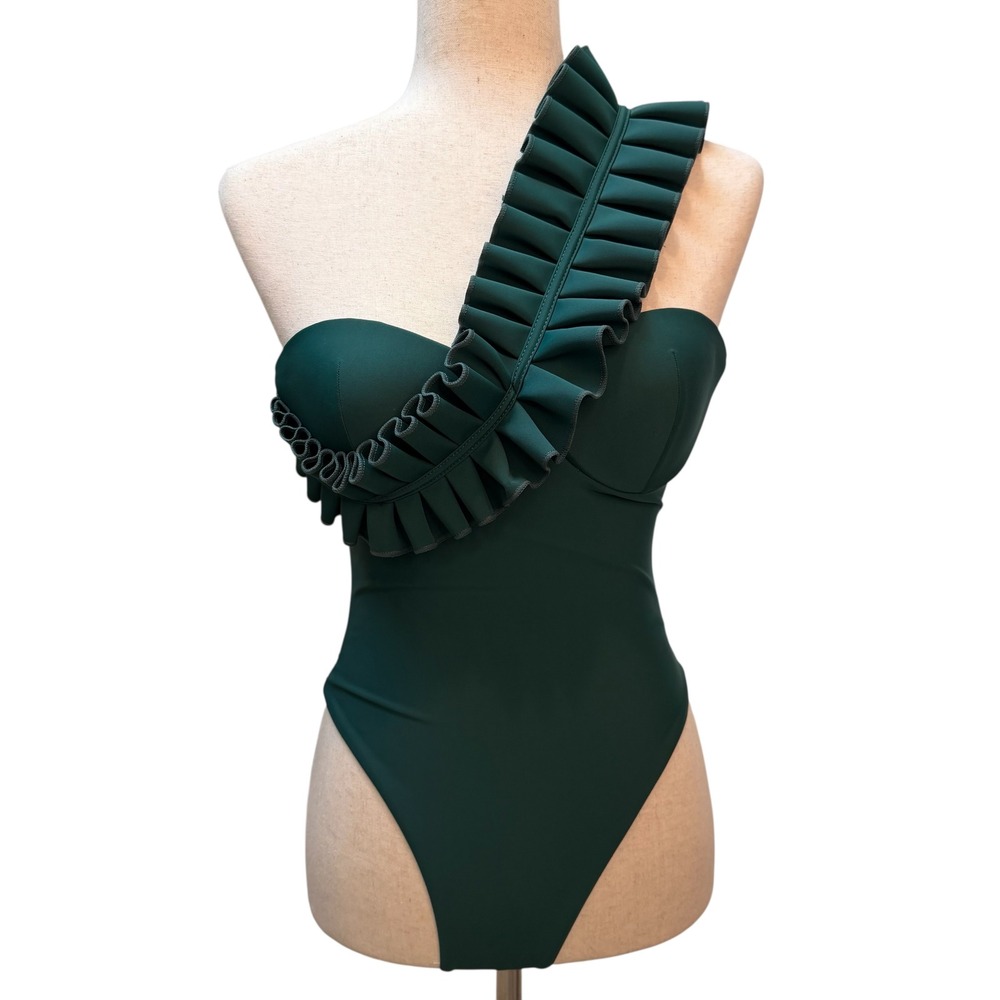 NWT Andrea Iyamah Nisi One Piece Swimsuit Mangrove Green Ruffle One Shoulder XS